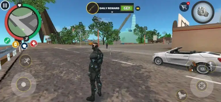 Rope Hero mod apk Upgraded weapons and cars in gameplay view