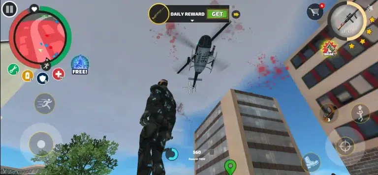 rope hero mod apk with a superhero flying above the city using rope powers
